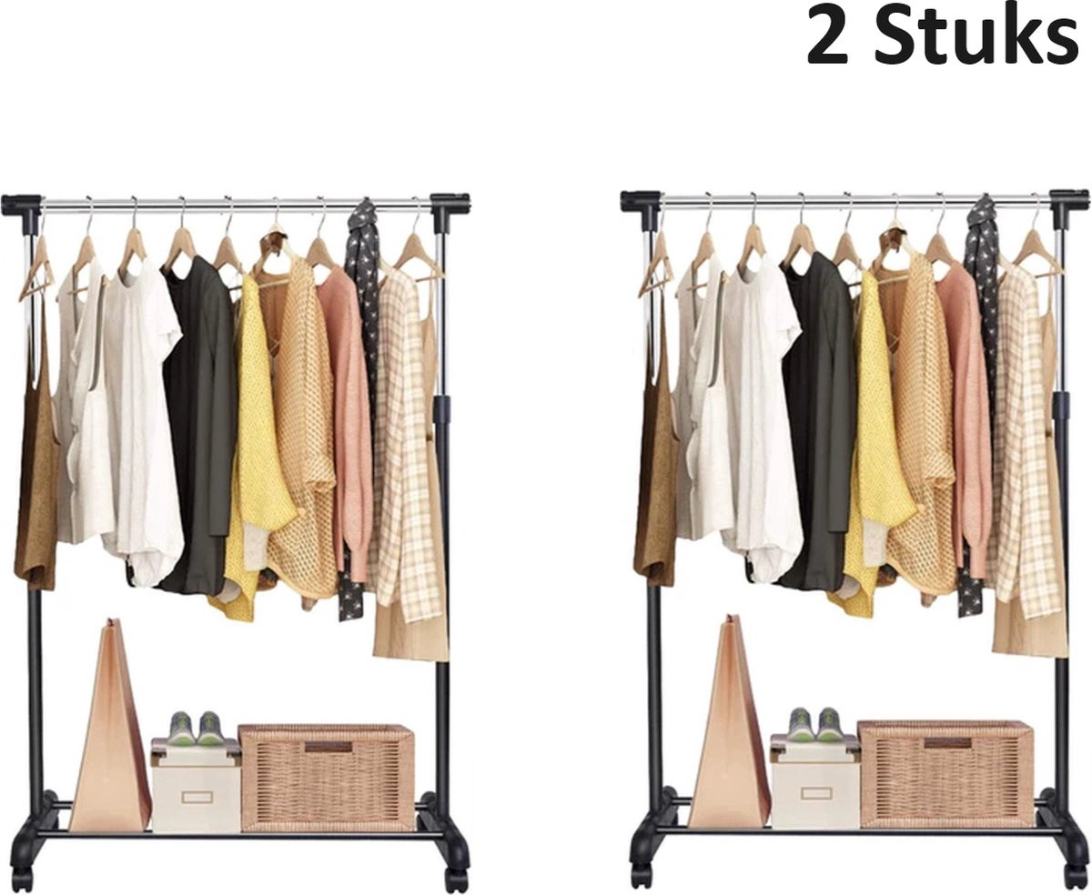 Set van 2 Professionele Kledingrekken in Zwart met Wielen en Telescopische Kapstok, Hoogte verstelbaar, 160 cm