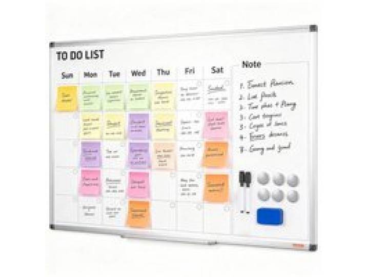 VEVOR Tableau Blanc Magnétique et Planning Mensuel 2-en-1 Calendrier Effaçable à Sec Mural 91,5x61 cm Cadre en Alu avec 2 Marqueurs 1 Effaceur 6 Aimants pour Programmation Travail Bureau Maison École