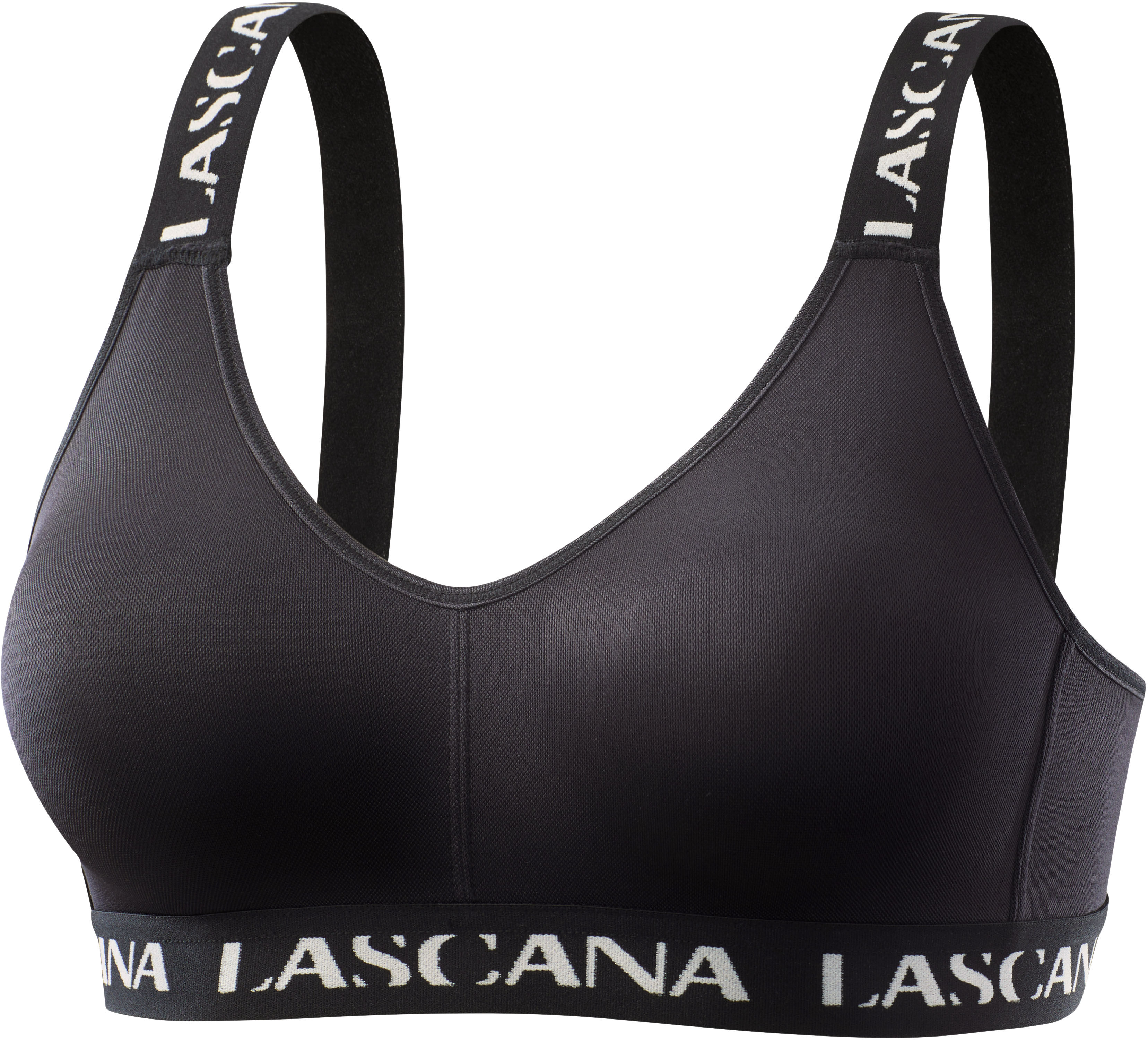 Sport-BH LASCANA ACTIVE, Damen, Gr. 75, Cup B, blau (schwarz), Trikot, Obermaterial: 90% Polyester (COOLMAX), 10% Elasthan, BHs Sport-BH, ohne Bügel, mit Verschluss, große Größen, mit breiteren Trägern