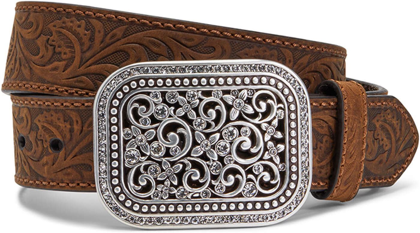 Women's Floral Embroidery Buckle Belt in Medium Brown Leather by Ariat