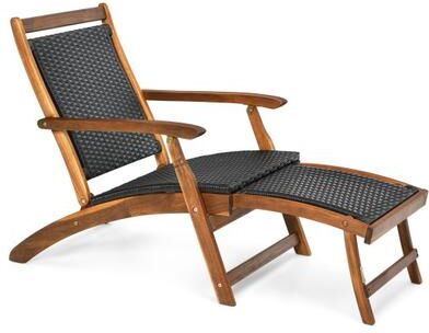 Costway Patio Rattan Folding Lounge Chair with Acacia Wooden Frame Retractable Footrest