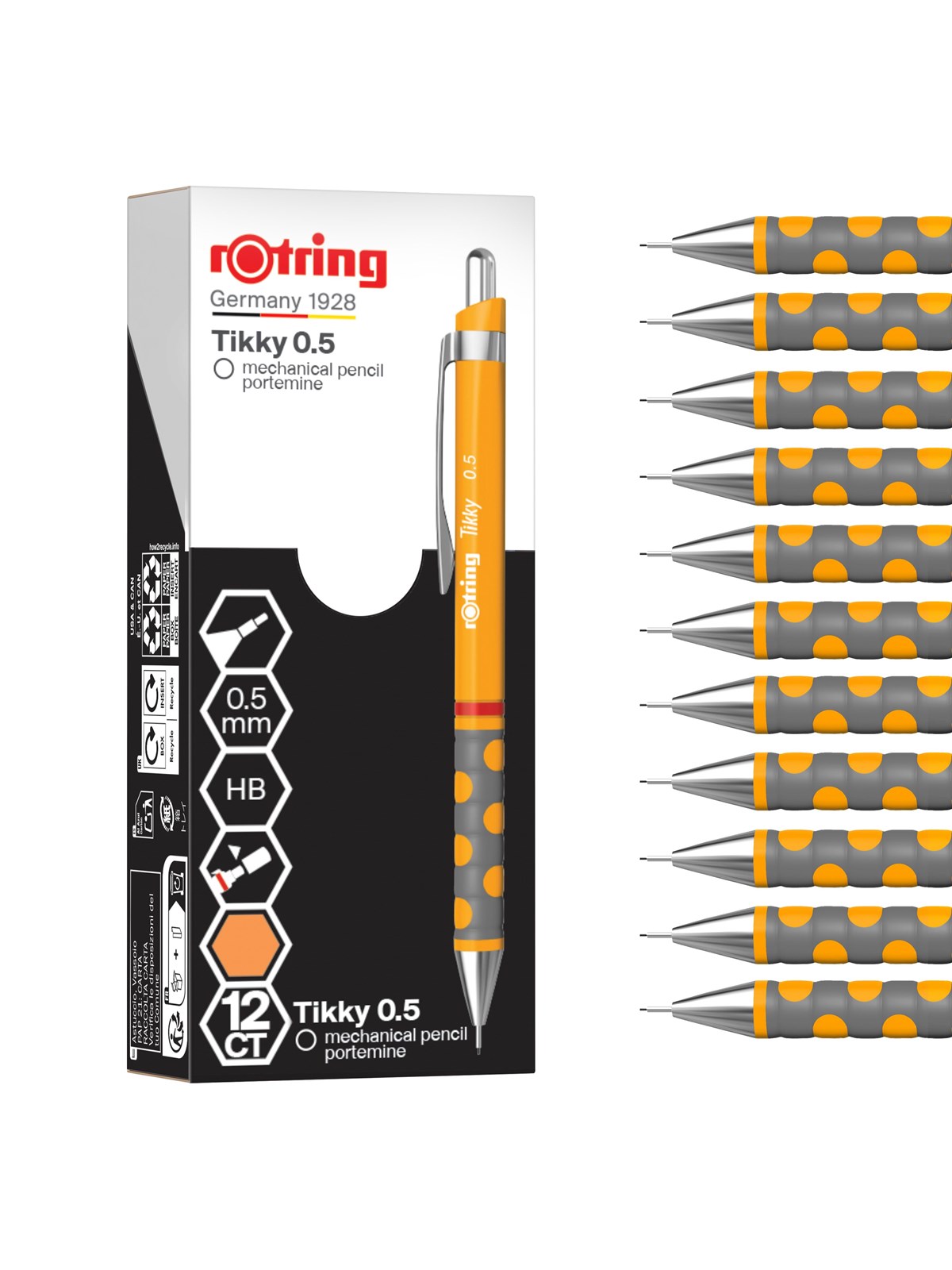 Rotring Tikky Mechanical Pencil | HB 0.5 mm | Marigold (orange) Barrel | Lightweight with Rubberised Grip | 12 Count