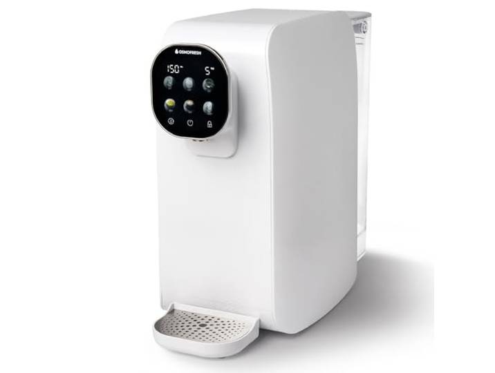 OsmoFresh Auftisch Osmoseanlage Quella Pro White mit Heißwasserspender 6 Temperaturstufen 7-Fach Umkehrosmose Filterung Wasserfilter für Küche Büro Wohnmobil kalkfreies Trinkwasser UV