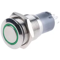RS PRO Switch Pushbutton Stainless Green ring, Schalter + Taster, Grün, Silber