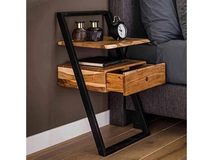 RINGO Living Bett Nachttisch Nalani aus Massivholz & Metall, Holz Nachttisch mit Schublade, Beistelltisch mit Ablage, Industrial Style, Hängend