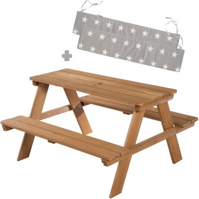 Kindersitzgruppe ROBA "Picknick for 4 Outdoor +, Teakholz-Optik", teakholz, optik, Sitzmöbel-Sets, Kinder, B/H/T: 89cm x 50cm x 84,5cm, Kindersitzgarniturmit 2 Sitzauflagen, Massivholz, mit abgerundeten Ecken; inklusive Sitzauflagen Â»Little...