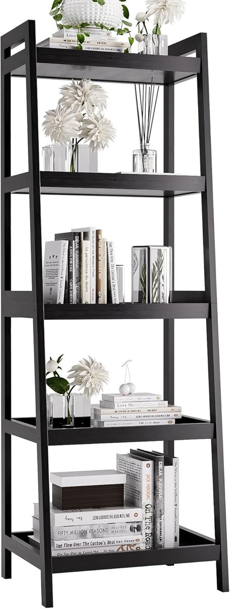 Vrijstaande 5-laags ladder boekenkast met bamboe frame voor de woonkamer, keuken, slaapkamer of het balkon