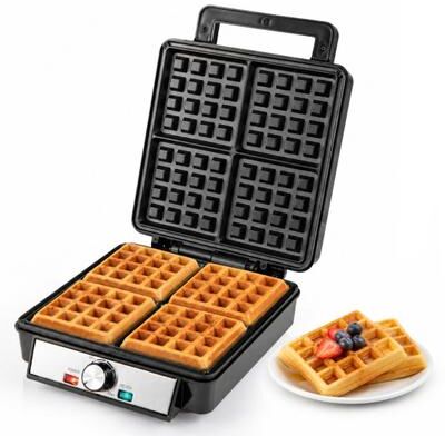 Costway Belgian Waffle Maker 4-Slice 1200W with Browning Knob and Nonstick Plates-Black & Silver