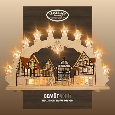 Schwibbogen WEIGLA "Altstadt, Fachwerkhaus, Lichterbogen aus Holz, Made in Germany", beige (natur, braun), B:66cm H:41cm T:6cm, Holzwerkstoff, Schwibbögen, Schwibbogen, Erzgebirge garantiert, Weihnachtsdeko Innen, Weihnachtsbeleuchtung