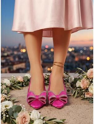 LightInthebox Women's Pink Satin Slingback Heels - Elegant Pointed Toe Wedding Guest Shoes with Rhinestone Bow Flared Heel for City Weddings, Rooftop Parties Formal Events