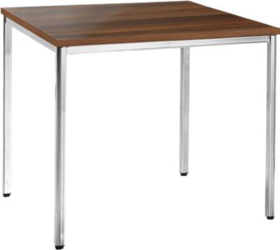 Konferenztisch, bis 4 Personen, Quadrat, 4-Fuß Quadratrohr, B 800 x T 800 x H 720 mm, Nussbaum/chromsilber