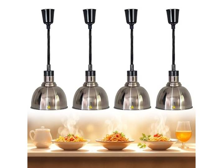 BOVDC Wärmelampe Küche Gastro, 250W Hängende(Edelstahl-25cm,4 Stück) Speisenwärmer Lampe 19/25 cm, Einstellbare Höhe Lebensmittel Wärmelampe Küche für Essen Buffets Esszimmer und Hotels