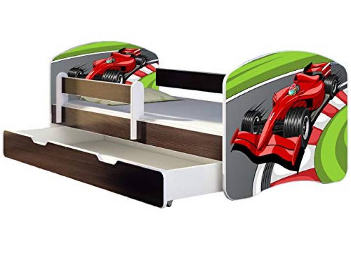 ACMA Kinderbett 180x80 Jugendbett mit Einer Schublade und Matratze, Farbe Wenge, Rausfallschutz Lattenrost II Spielbett Kinderzimmer Möbel, 06 Formel 1