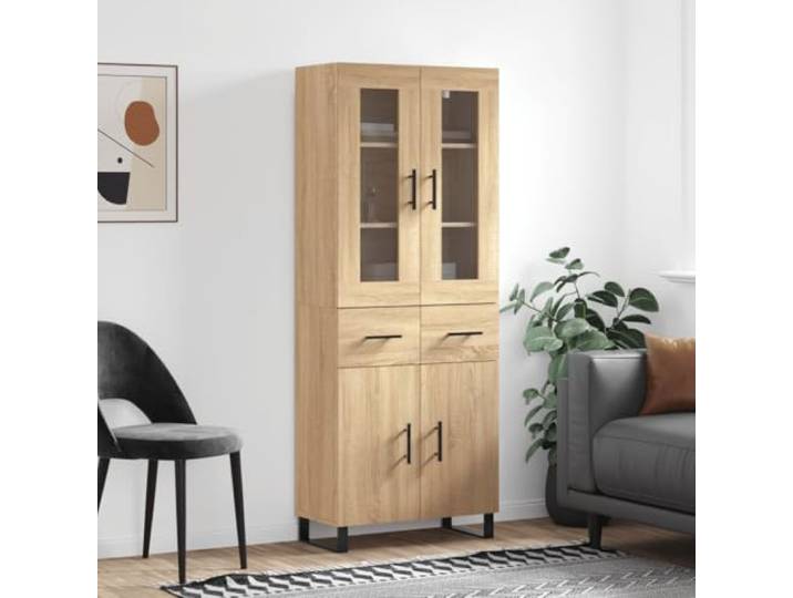 RJPLMFV Anrichte hoch, Eiche Sonoma, 69,5 x 34 x 180 cm, Holz Metallfüße, großer Stauraum, Wandbefestigung inklusive, stabiler Schrank