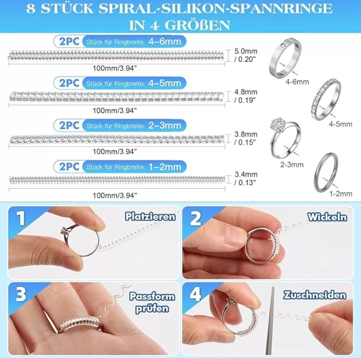 INF Unsichtbares spiralförmiges Silikon-Ringgrößen-Korrektur-Set – Transparentes TPU+PC Einstellband mit Pads, Komplettes
