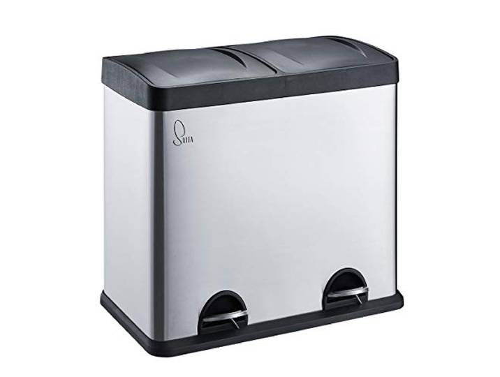 SVITA T2X24 Edelstahl Mülleimer 48 Liter Silber 2 x 24L Treteimer Abfalleimer Küche Mülltrennung mit Schubfächern Silber