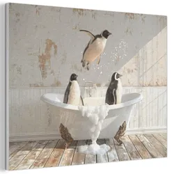 AKUSTIKBILD Vintage - Pinguin - Badewanne - Schaumstoff Gemälde 80x60 cm