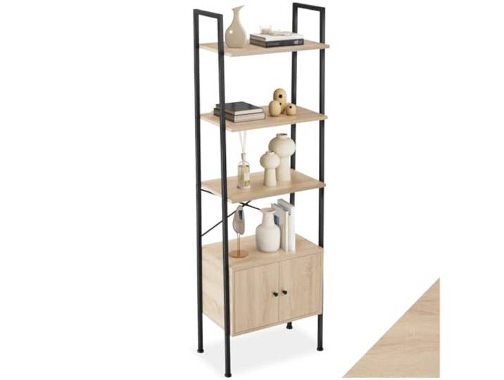tectake® Industrial Leiterregal mit 4 Ebenen + Schrankfach, Regal schmal 57,5x34x173cm, Bücherregal Wand, als Raumteiler Regal, Küchenregal Wand, Nischenregal - Industrial Holz hell, Eiche Sonoma