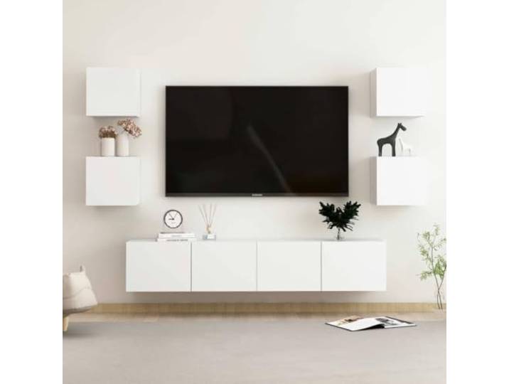 HEFZGDB 6-TLG. TV-Schrank-Set Weiß Holzwerkstoff Wandmontage mit Staufächern für Bücher und Medien