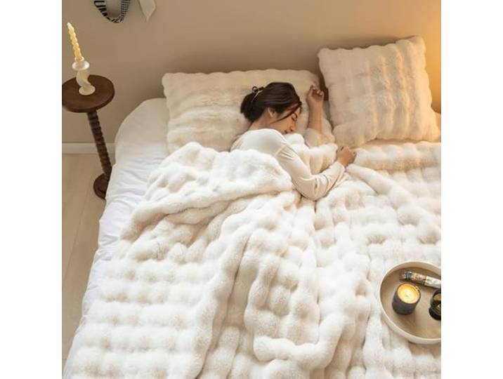 Bubble Faux Kaninchenfell Kuscheldecke Flauschig Flauschige Doppelgesicht Dicke Decke für Bett Sofa Casual (Weiß, 160 * 200cm)