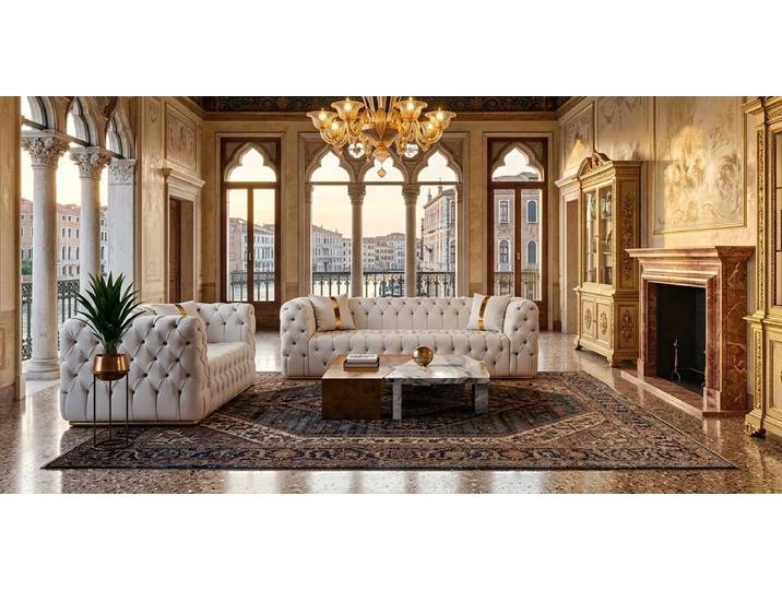 JVmoebel Chesterfield-Sofa Weiße Chestefield Polstergarnitur Designer Sofa Set Stoffsofas 2tlg, 2 Teile, Made in Europa
