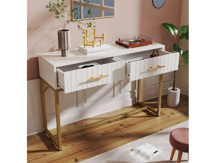 MEULVA Coiffeuse sans miroir 100 x 45 x 75 cm avec 2 tiroirs blanc pieds en métal doré