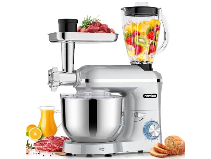 Homlee 3 in 1 Universal Küchenmaschine 2000W Multifunktionale Knetmaschine 6-stufige Gescheindigkeit Mixer, mit Fleischwolf, 1.5L Saftpresse, 5.5L Edelstahlschüssel knetmaschine