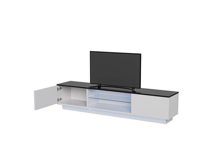 EuroLiving Tv-Schrank 140 cm, weiß glänzend, Led, lackierte Türen, Glasregale, modern, Weiß, Holz, 140x35x32 cm, Wohnzimmer, TV Möbel, Lowboards, Lowboards stehend