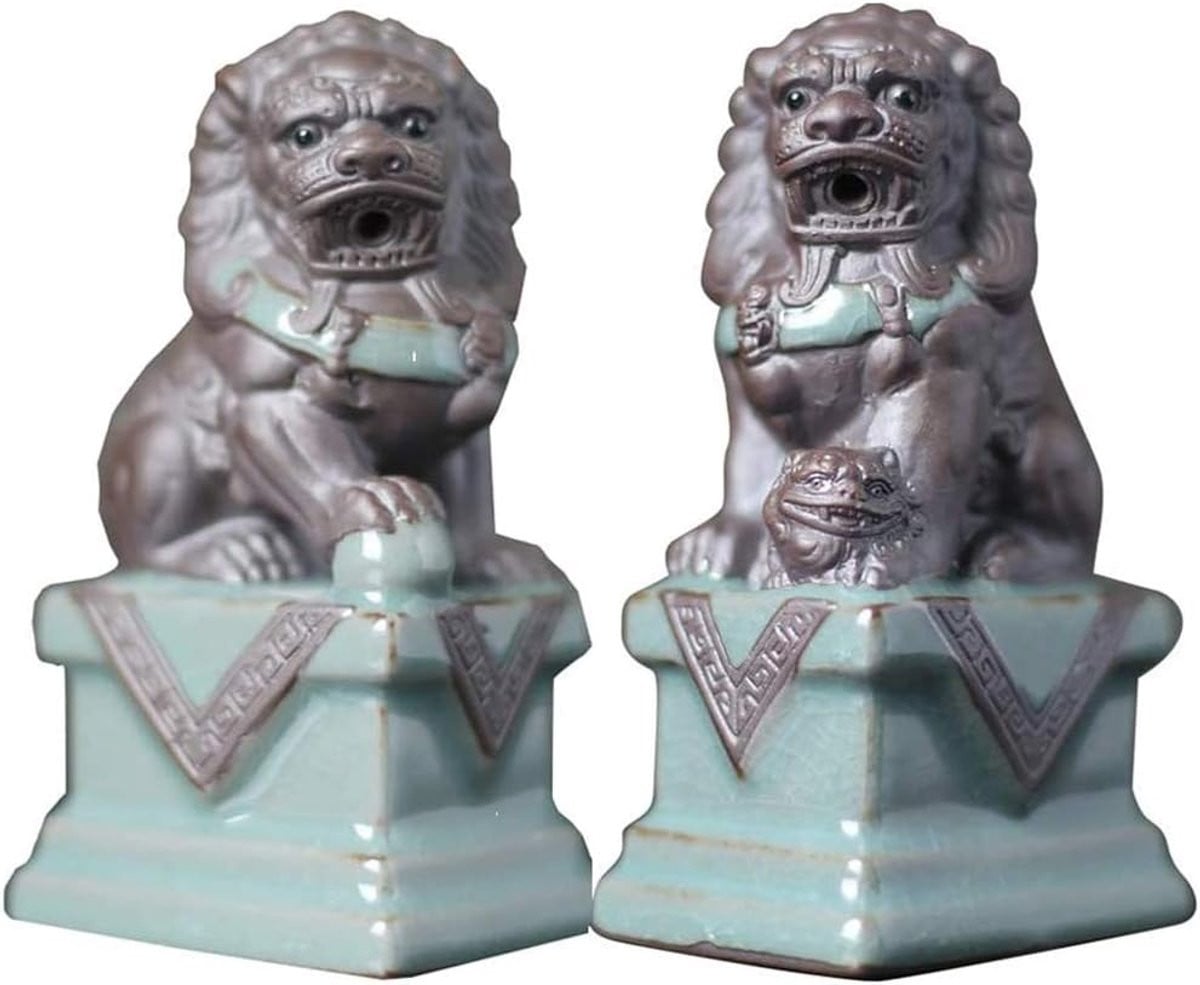Feng Shui Rijkdom Beeldje - Beschermende Leeuwen Sculptuur - Zand Violet