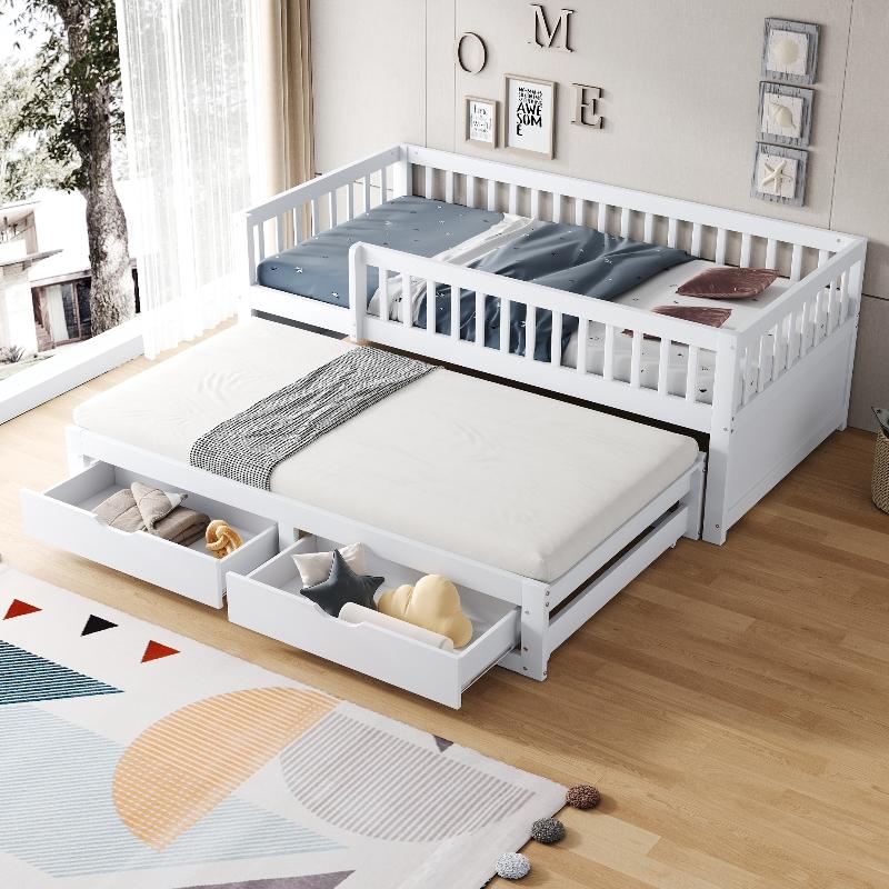 Massivholz Schlafsofa 90x200cm in Weiß, ausziehbares Bett mit 2 Schubladen, mit Lattenrost und vollverkleidetem Sicherheitsgitter