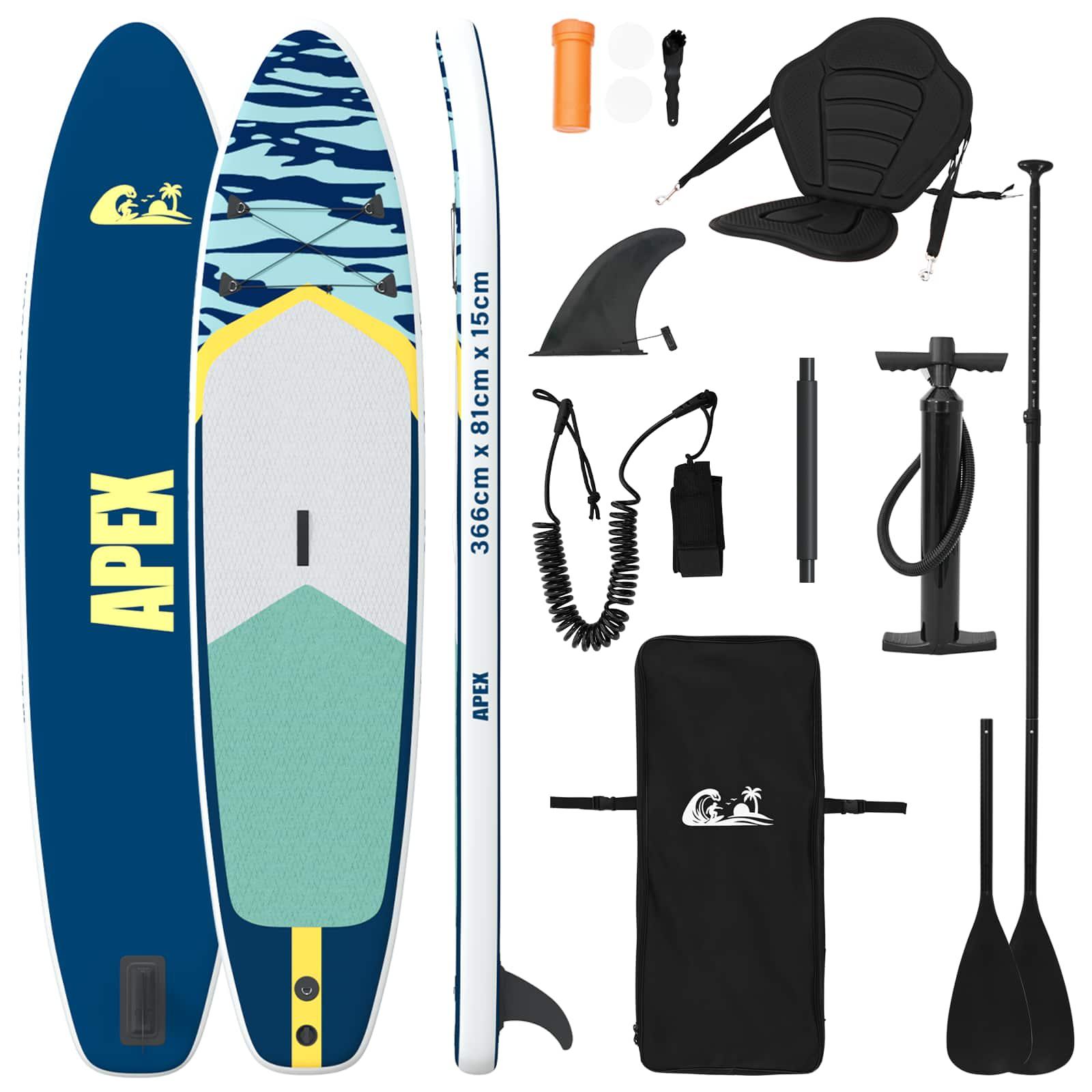 SUP-Stand-Up-Paddling-Brett mit Sitz, 2-in-1, Modell APEX, 366 x 81 x 15 cm, blau, für