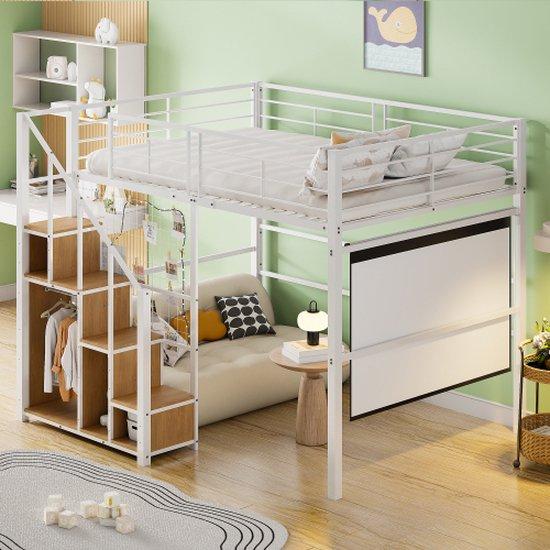 Kinderzimmerbett mit Sicherheitsleiter 140x200 cm, Eisenrahmen, Aufbewahrungsraum, weiß