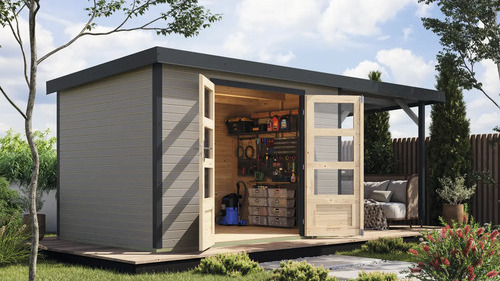 Gartenhaus Karibu Metalwood 4D Blech anthrazit inkl. Anbaudach 2,35 m 541,5 x 236,5 cm wassergrau