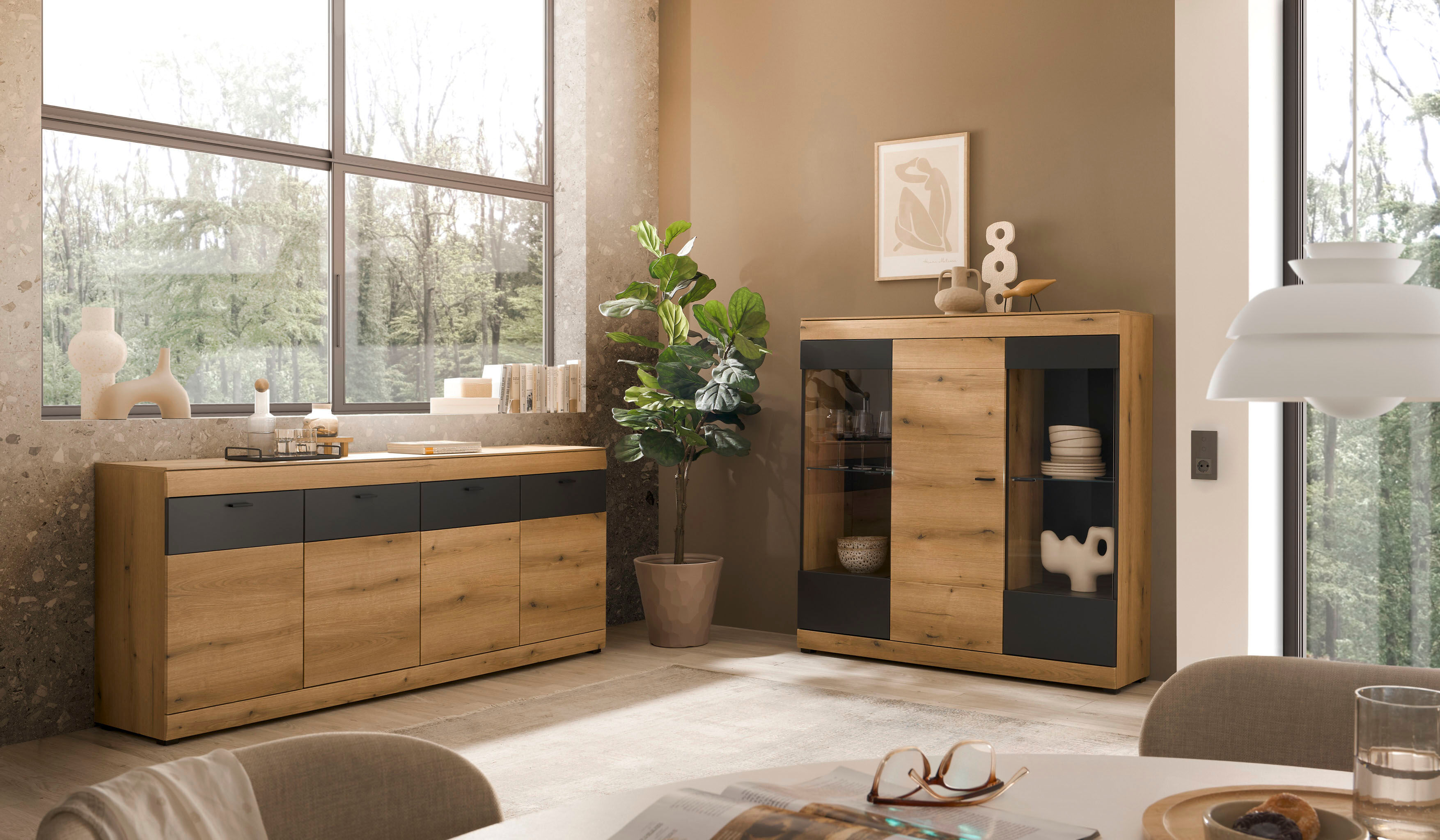 Wohnwand HOME AFFAIRE "Soleto, zeitlose Anbauwand, Komplettset im modernen Stil", braun (eiche evoke), Kastenmöbel-Sets, Wohnwand, enthält Sideboard und Highboard