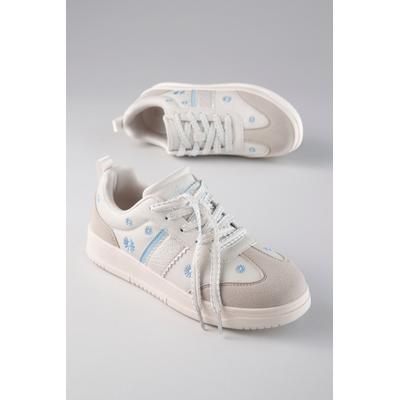 Plateausneaker ANISTON SHOES, Damen, Gr. 40, Textil, beige (sanftes weiß, hellblau), Lederimitat, Textil, geblümt, Schuhe Plateausneaker, Schnürschuh, Freizeitschuh mit Blumenstickerei - NEUE KOLLEKTION