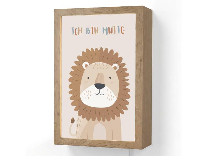 OnlyWow Wandleuchte - Löwe - Beige - Tier - Mutig - Zitat - 20x30 cm, Holzwerkstoff, Rechteckig, LED integriert, 20x30x8 cm, Lampen & Leuchten, Innenbeleuchtung, Wandlampe