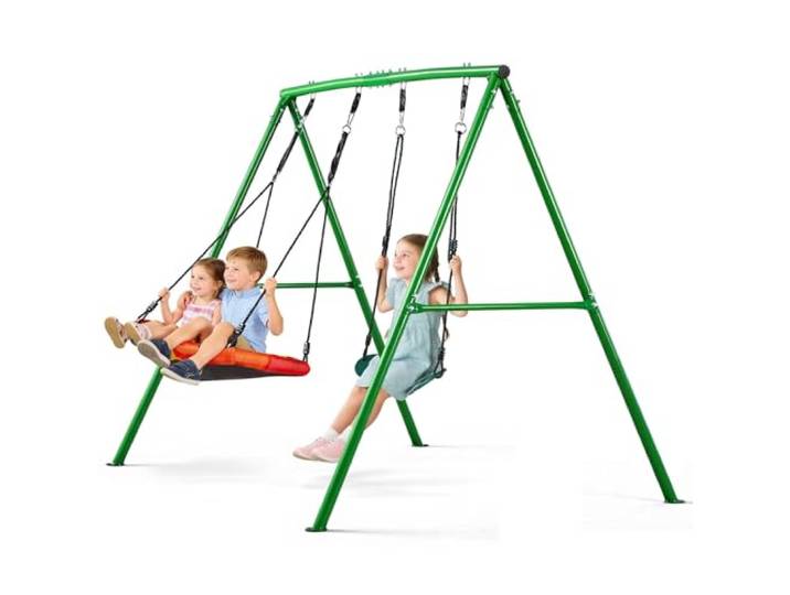 VEVOR Kit Balançoire de Jardin 199\,6 kg\, Portique Balançoire avec Siège Soucoupe et Siège Ceinture\, pour Arrière-Cour Extérieur\, Trapèze en Forme de A\, Stable avec Ancrages de Sol en Spirale
