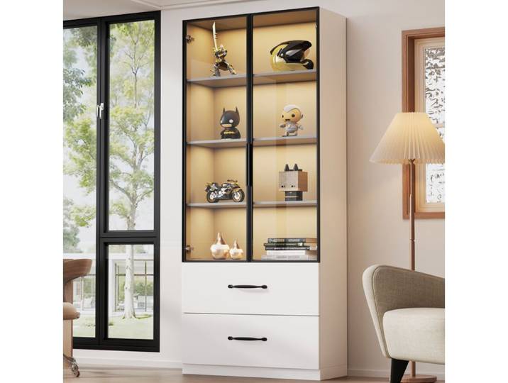 Vitrine LED multifonction 60 x 40 x 160 cm portes vitrées 2 tiroirs cadre aluminium verre trempé blanc VEVXYN