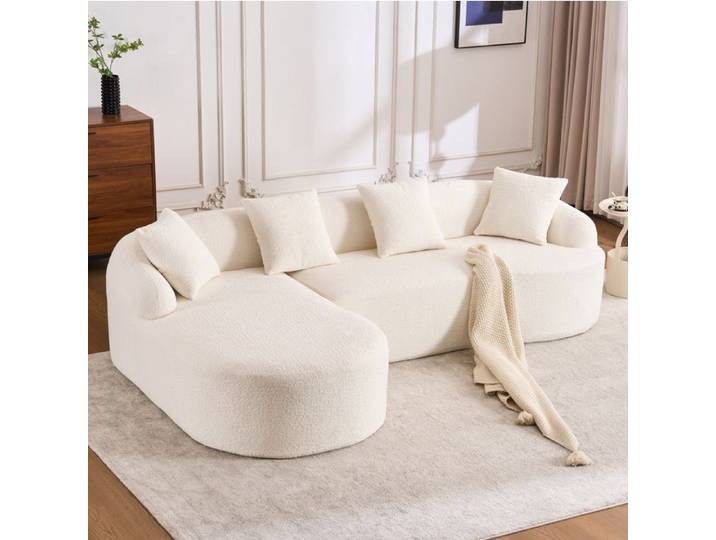 Canape D Angle 3 Places Chenille Blanc Casse Sofa Modulable Courbe FloraGrace Pour Salon Bureau Sans Outil 243x150x67cm