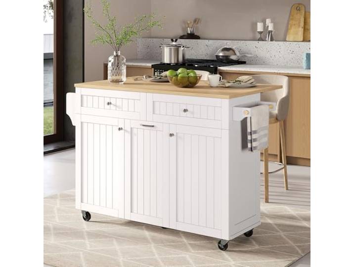 Ropilly Kücheninsel mit Rollen, ausziehbare Essbereich-Platte aus MDF Ausziehbare Kücheninsel mit Stauraum, 5 Rollen und 60 kg belastbarer Platte für Küche und Essbereich
