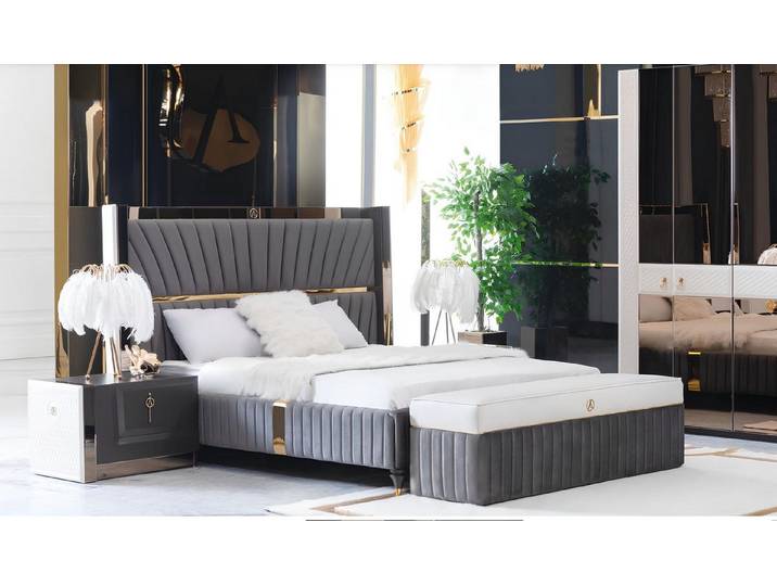 JVmoebel Bett Italienisches Bett mit Holz-Kopfteil und grauen Nachtkommoden (1-tlg), Made in Europa