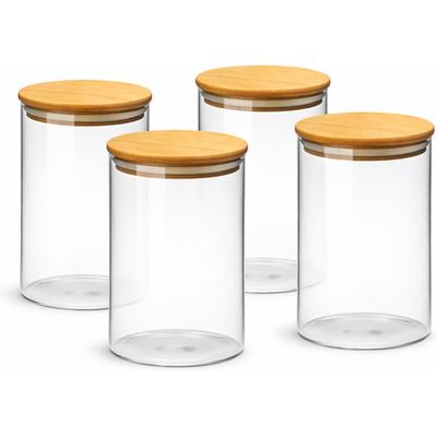 Vorratsglas VAN WELL "Vorratsdose Ella, 4 Stück", transparent (transparent, natur), H:16cm Ø:9,5cm, Bambus, Glas, Lebensmittelaufbewahrungsbehälter, mit Bambusdeckel