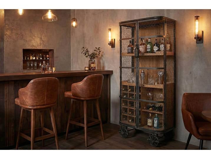 Design Barschrank LOFT 150cm natur Pinienholz Metall mit Flaschenregal