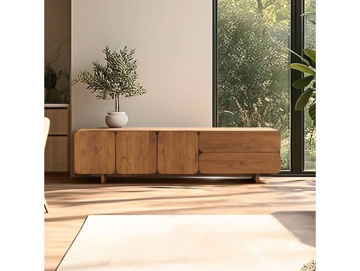 Sixtine - Buffet 3 Portes 2 Tiroirs 200x48cm En Bois De Teck Recyclé