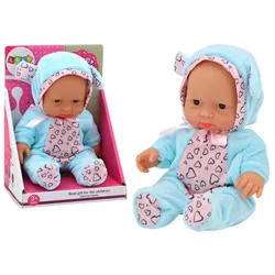 Kleine Babypuppe, Kleidung, Hut, Schleife, Ohren, Blau