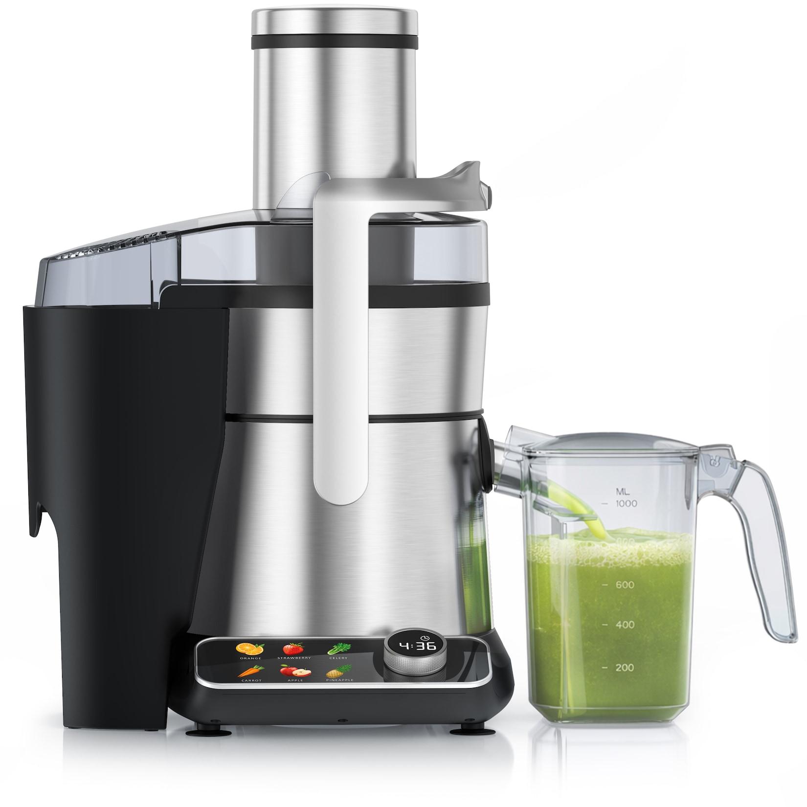Arendo Zentrifugenentsafter Zentrifugaler Edelstahl Entsafter digital für Obst & Gemüse, BPA Frei, 1000 W, 85mm XXL-Einfüllschacht, 6 Programme