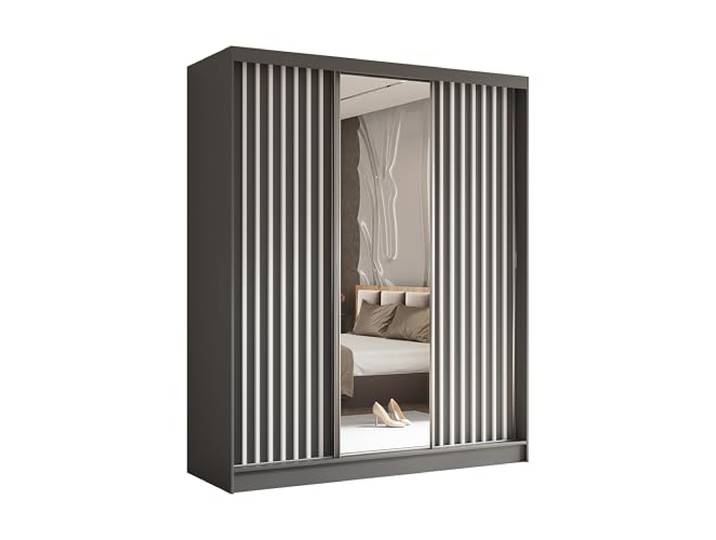 AX Living Kleiderschrank Cabinio 180 cm Weiß, Spiegel Zwei Schubladen (18 cm hoch, 48 cm breit). Laguna-Schiebetüren mit kugelgelagerten Rollen. ABS-Kanten. Kleiderstange.