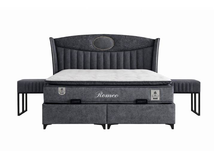 JVmoebel Boxspringbett Schlafzimmergarnitur Moderner Stil Grau Bett mit Stauraum Stoffbezug