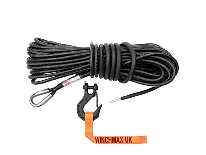 WINCHMAX 25m x 10mm Armourline Synthetic Rope mit 3/8 Zoll taktischem Haken. Maximale Bruchlast 9500 kg. Lochbefestigung.