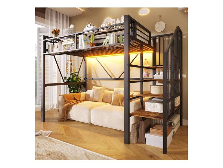 Flieks Hochbett Metallbett 90x200cm mit Gitterregal, LED-Lichtleiste, Stauraumtreppe